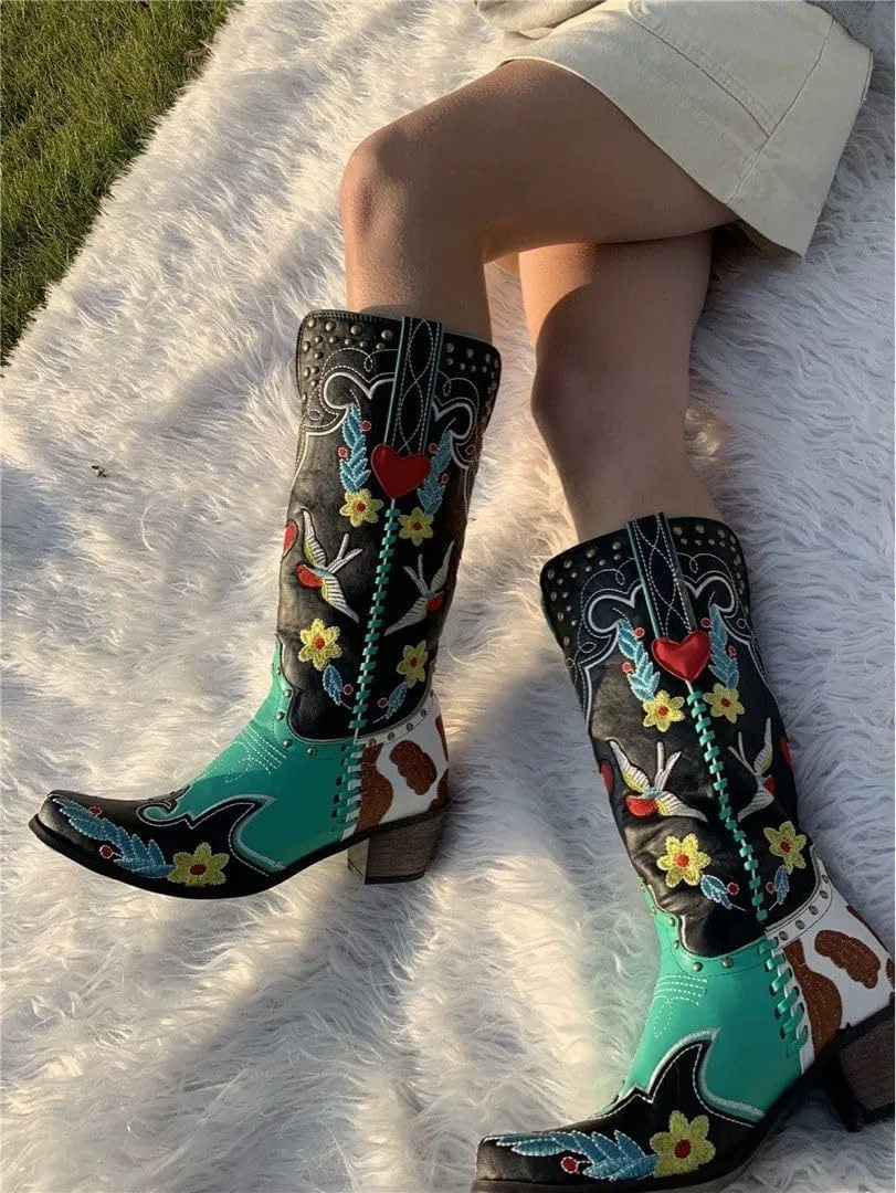 Cowboy Boots For Women, Cute Bluebonnet Floral Embroidered Fashion Country Boots Pointed Toe Chunky Heel Wide Calf Fancy Comfortable Pu Leather, Cowgirl Boots