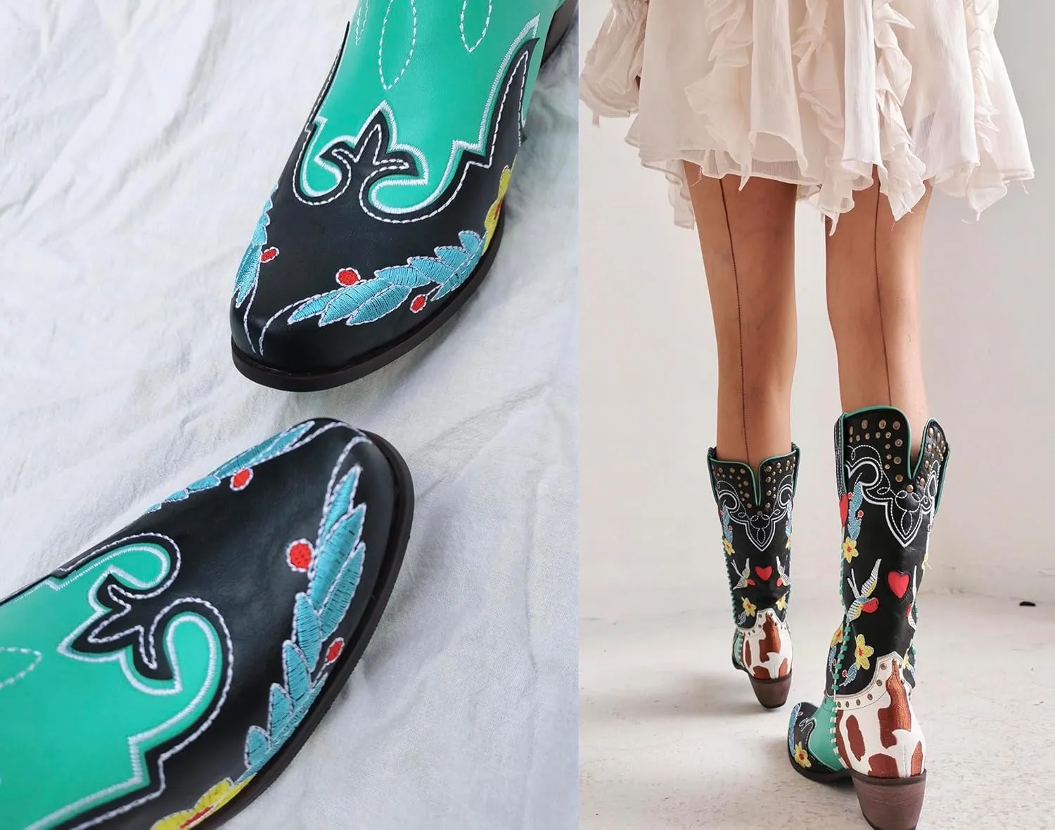 Cowboy Boots For Women, Cute Bluebonnet Floral Embroidered Fashion Country Boots Pointed Toe Chunky Heel Wide Calf Fancy Comfortable Pu Leather, Cowgirl Boots