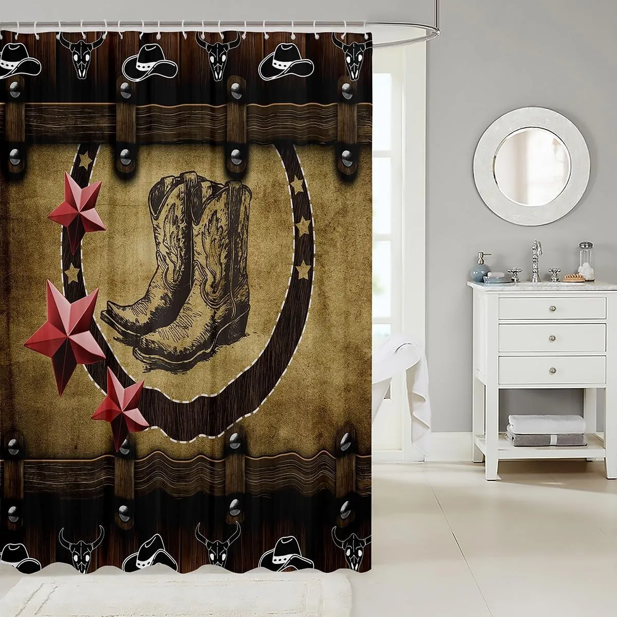 Cowgirl Boots Fabric Shower Curtain,Western Cowboy Hat Shower Curtain for Boys Kids Teens Rustic Farmhouse Bathroom Shower Curtain Sets 72" W X 72" L,Country Woodland Stars Bathroom Accessories