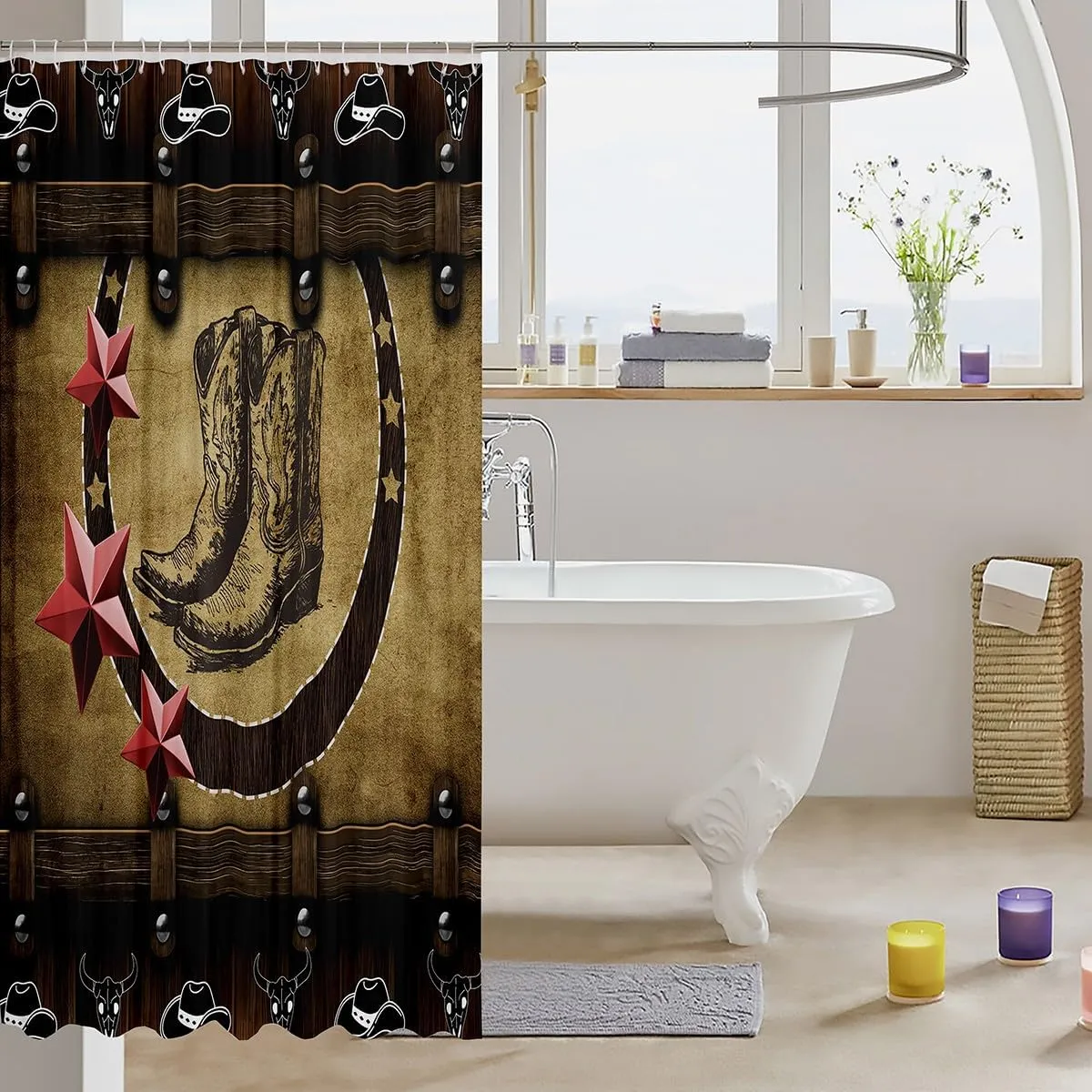 Cowgirl Boots Fabric Shower Curtain,Western Cowboy Hat Shower Curtain for Boys Kids Teens Rustic Farmhouse Bathroom Shower Curtain Sets 72" W X 72" L,Country Woodland Stars Bathroom Accessories