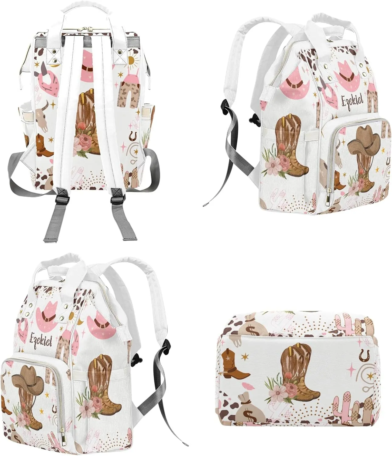 Cowgirl Boots Floral Wild Life Personalized Name Diaper Bag Backpack,Custom Travel DayPack for Nappy Mommy Bag Gift