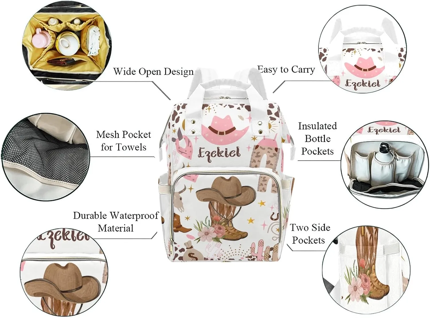 Cowgirl Boots Floral Wild Life Personalized Name Diaper Bag Backpack,Custom Travel DayPack for Nappy Mommy Bag Gift