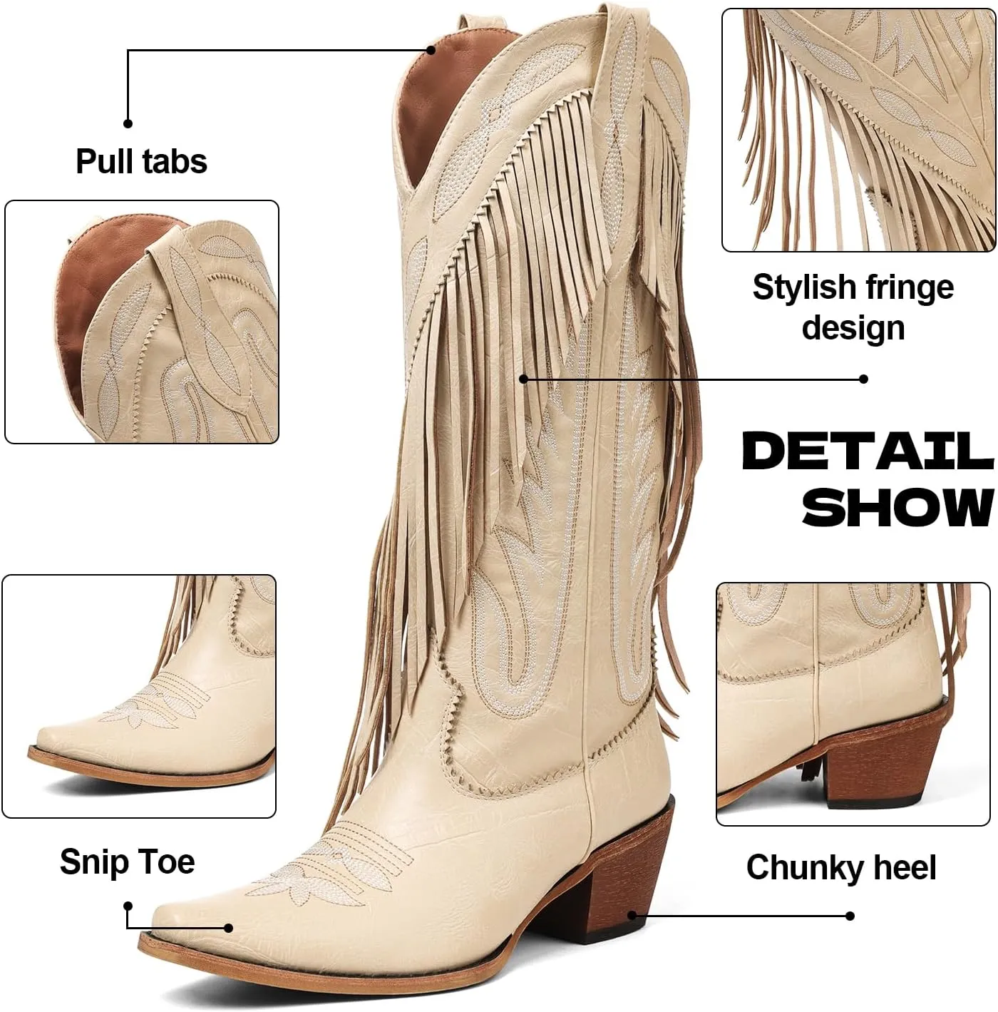 Cowgirl Boots for Women Retro Pointed Toe Pull On Block Chunky Heel Embroide Fringe Country Concert Outfits Mid Calf Western Suede and Faux Leather Cowboy Boots