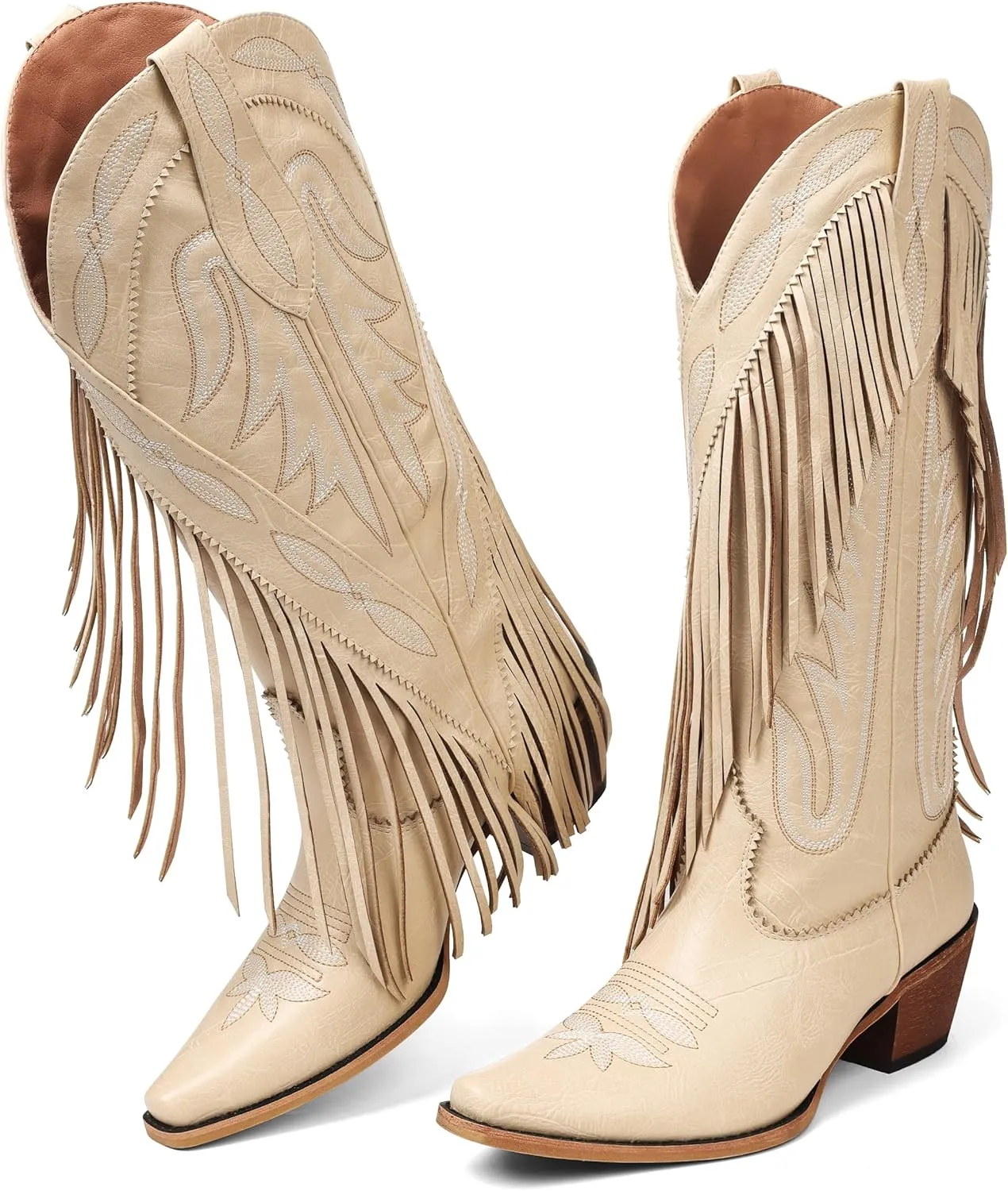 Cowgirl Boots for Women Retro Pointed Toe Pull On Block Chunky Heel Embroide Fringe Country Concert Outfits Mid Calf Western Suede and Faux Leather Cowboy Boots