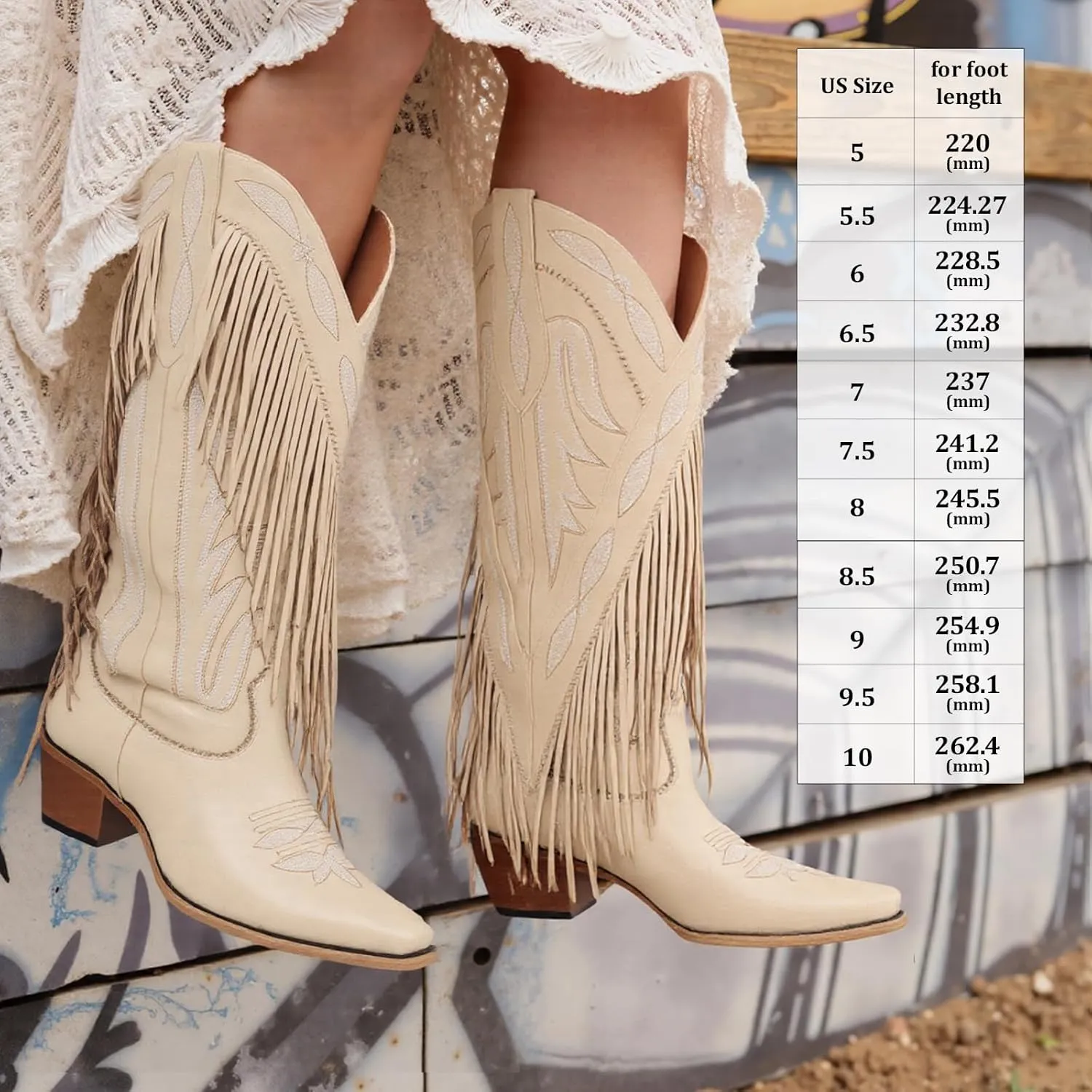 Cowgirl Boots for Women Retro Pointed Toe Pull On Block Chunky Heel Embroide Fringe Country Concert Outfits Mid Calf Western Suede and Faux Leather Cowboy Boots