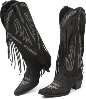 Cowgirl Boots for Women Retro Pointed Toe Pull On Block Chunky Heel Embroide Fringe Country Concert Outfits Mid Calf Western Suede and Faux Leather Cowboy Boots