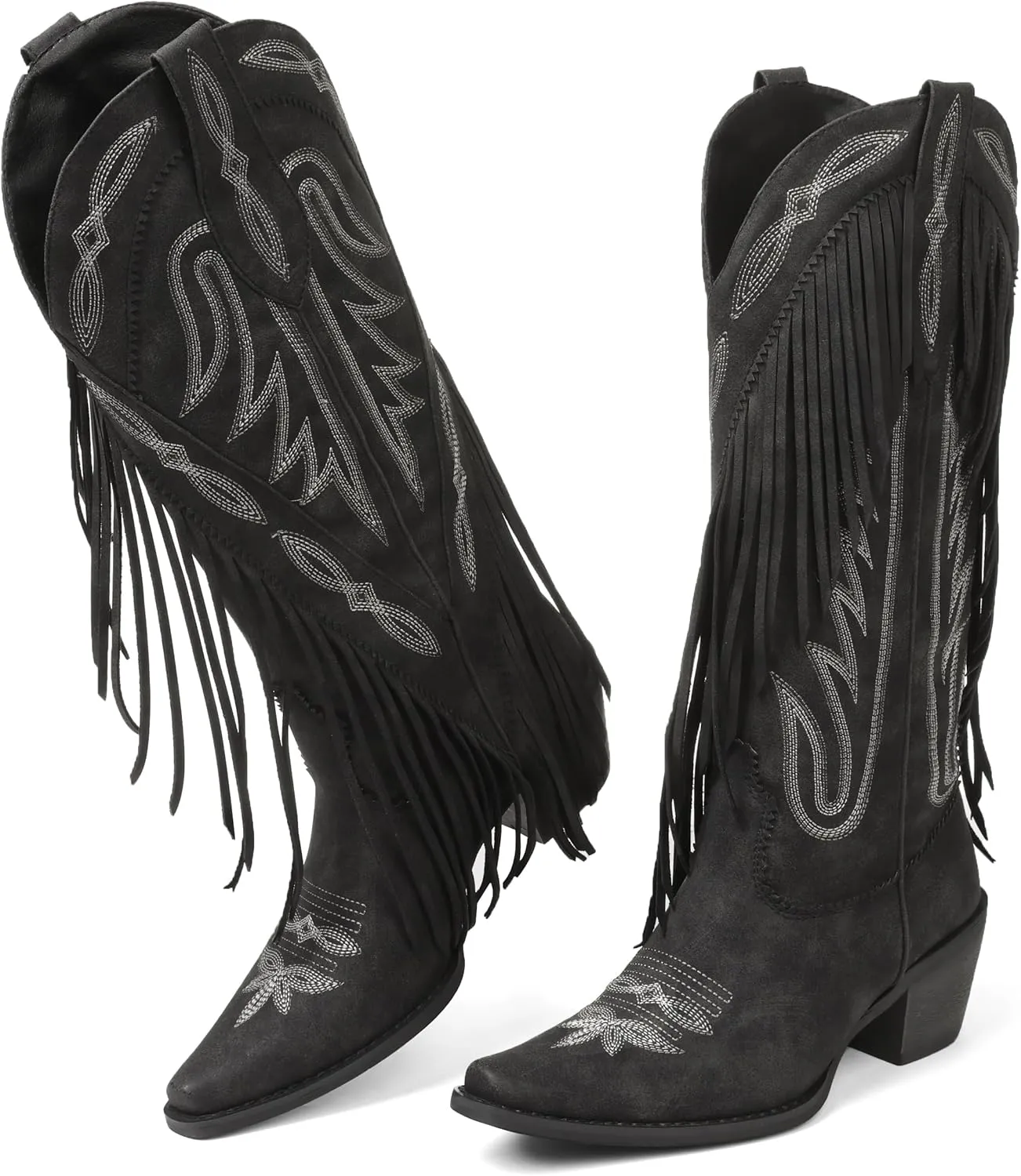 Cowgirl Boots for Women Retro Pointed Toe Pull On Block Chunky Heel Embroide Fringe Country Concert Outfits Mid Calf Western Suede and Faux Leather Cowboy Boots
