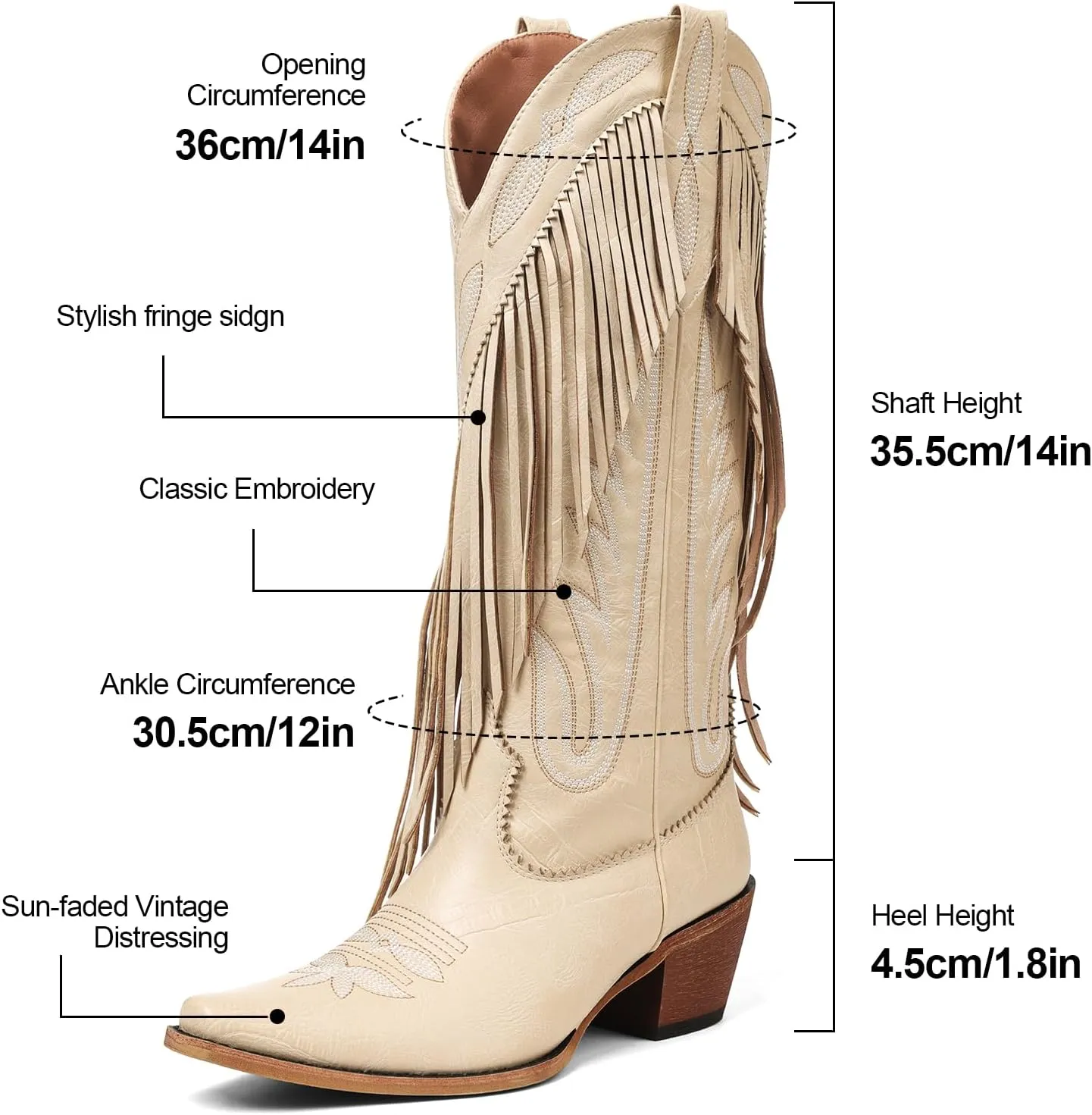 Cowgirl Boots for Women Retro Pointed Toe Pull On Block Chunky Heel Embroide Fringe Country Concert Outfits Mid Calf Western Suede and Faux Leather Cowboy Boots
