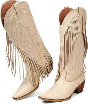Cowgirl Boots for Women Retro Pointed Toe Pull On Block Chunky Heel Embroide Fringe Country Concert Outfits Mid Calf Western Suede and Faux Leather Cowboy Boots