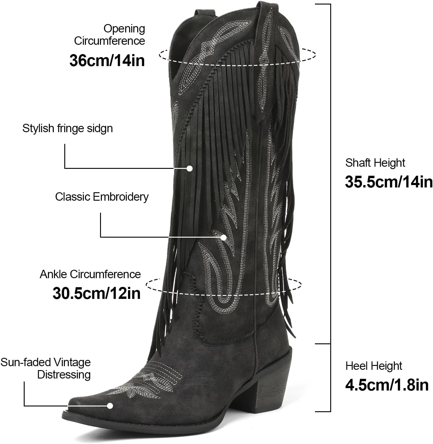Cowgirl Boots for Women Retro Pointed Toe Pull On Block Chunky Heel Embroide Fringe Country Concert Outfits Mid Calf Western Suede and Faux Leather Cowboy Boots
