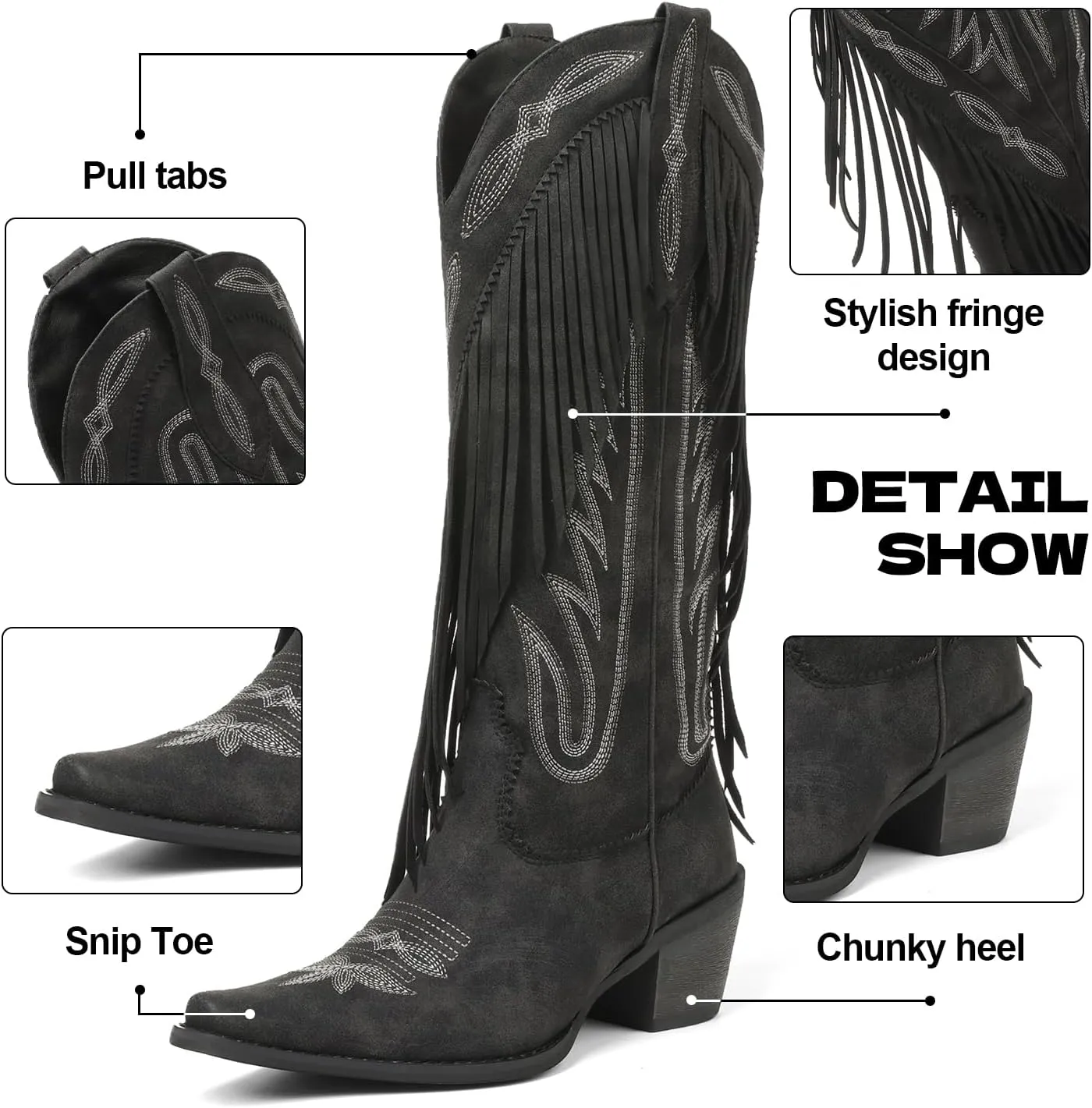 Cowgirl Boots for Women Retro Pointed Toe Pull On Block Chunky Heel Embroide Fringe Country Concert Outfits Mid Calf Western Suede and Faux Leather Cowboy Boots