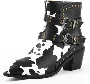 Cozivwaiy Cow Print Boots for Women Studded Riding Boots Ankle High Buckle Biker Boots Chunky Heel Motor Boots Zip