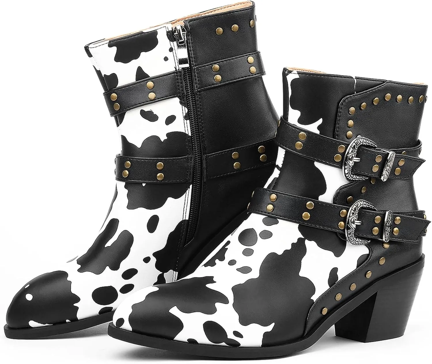 Cozivwaiy Cow Print Boots for Women Studded Riding Boots Ankle High Buckle Biker Boots Chunky Heel Motor Boots Zip