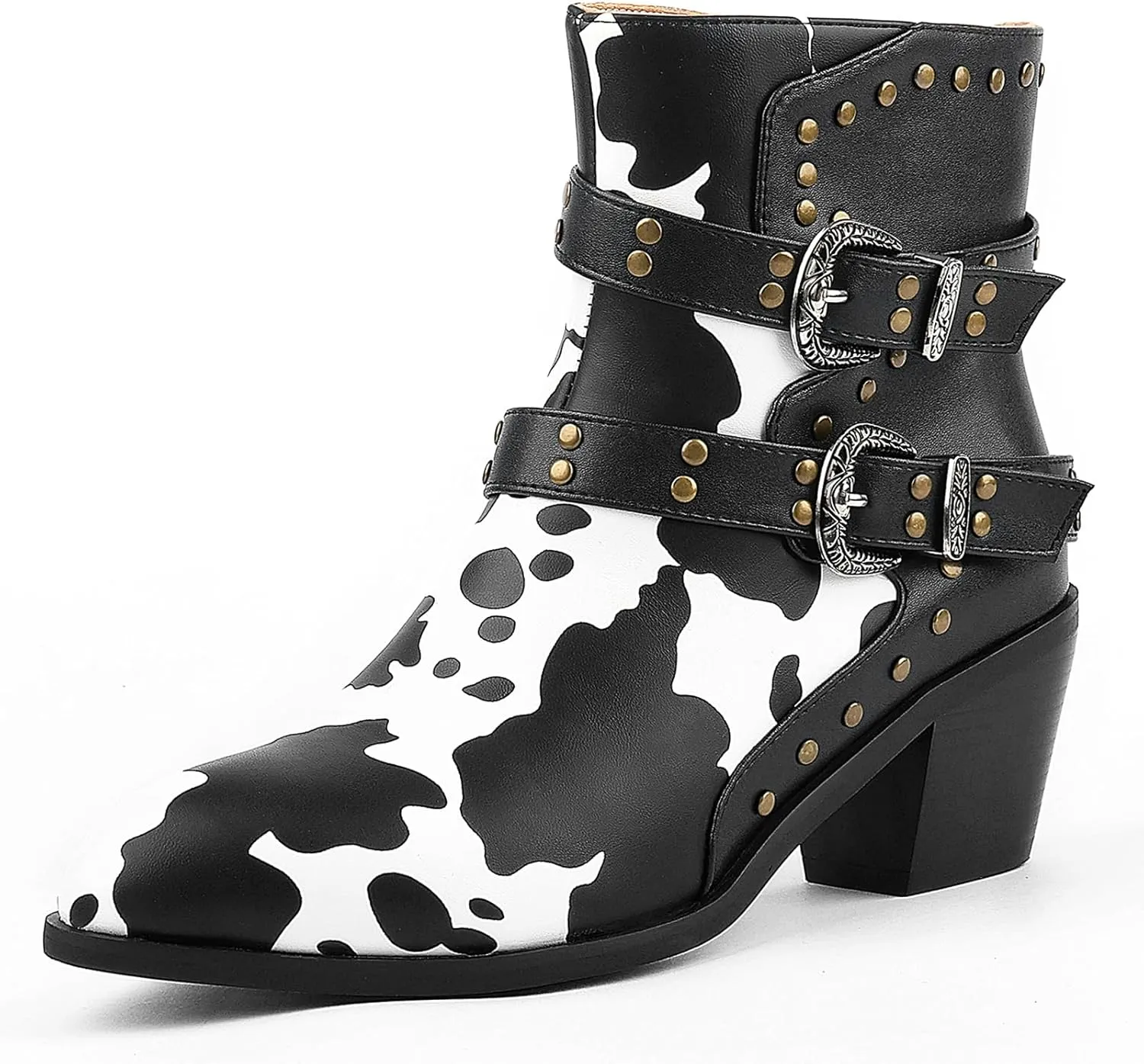 Cozivwaiy Cow Print Boots for Women Studded Riding Boots Ankle High Buckle Biker Boots Chunky Heel Motor Boots Zip
