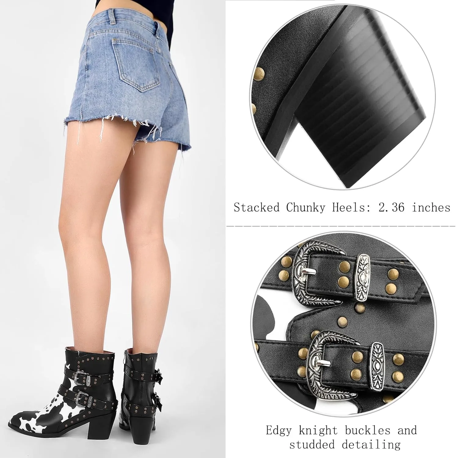 Cozivwaiy Cow Print Boots for Women Studded Riding Boots Ankle High Buckle Biker Boots Chunky Heel Motor Boots Zip