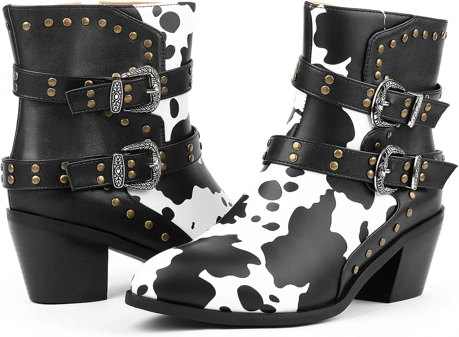 Cozivwaiy Cow Print Boots for Women Studded Riding Boots Ankle High Buckle Biker Boots Chunky Heel Motor Boots Zip
