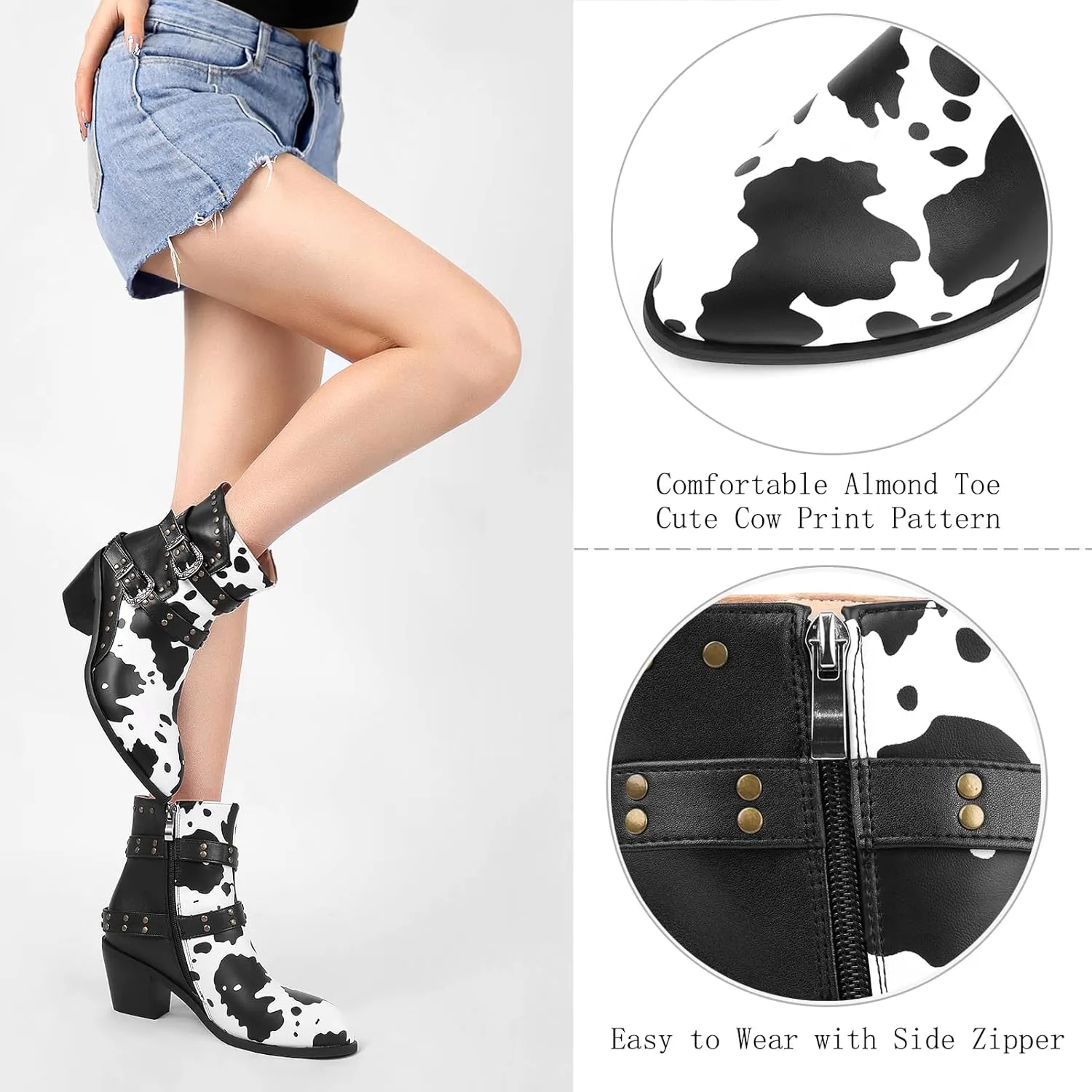 Cozivwaiy Cow Print Boots for Women Studded Riding Boots Ankle High Buckle Biker Boots Chunky Heel Motor Boots Zip