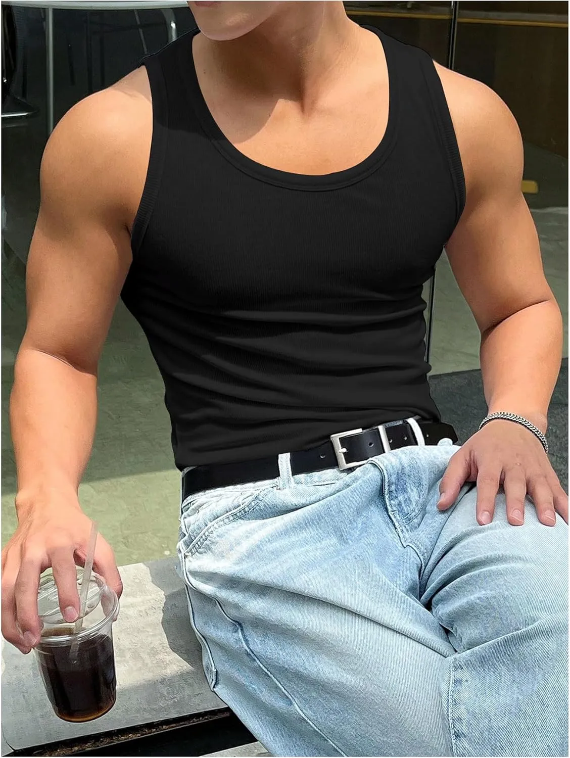 COZYEASE Men's Summer Tank Top Scoop Neck Workout Gym Muscle Tank T-Shirt Sleeveless Undershirt