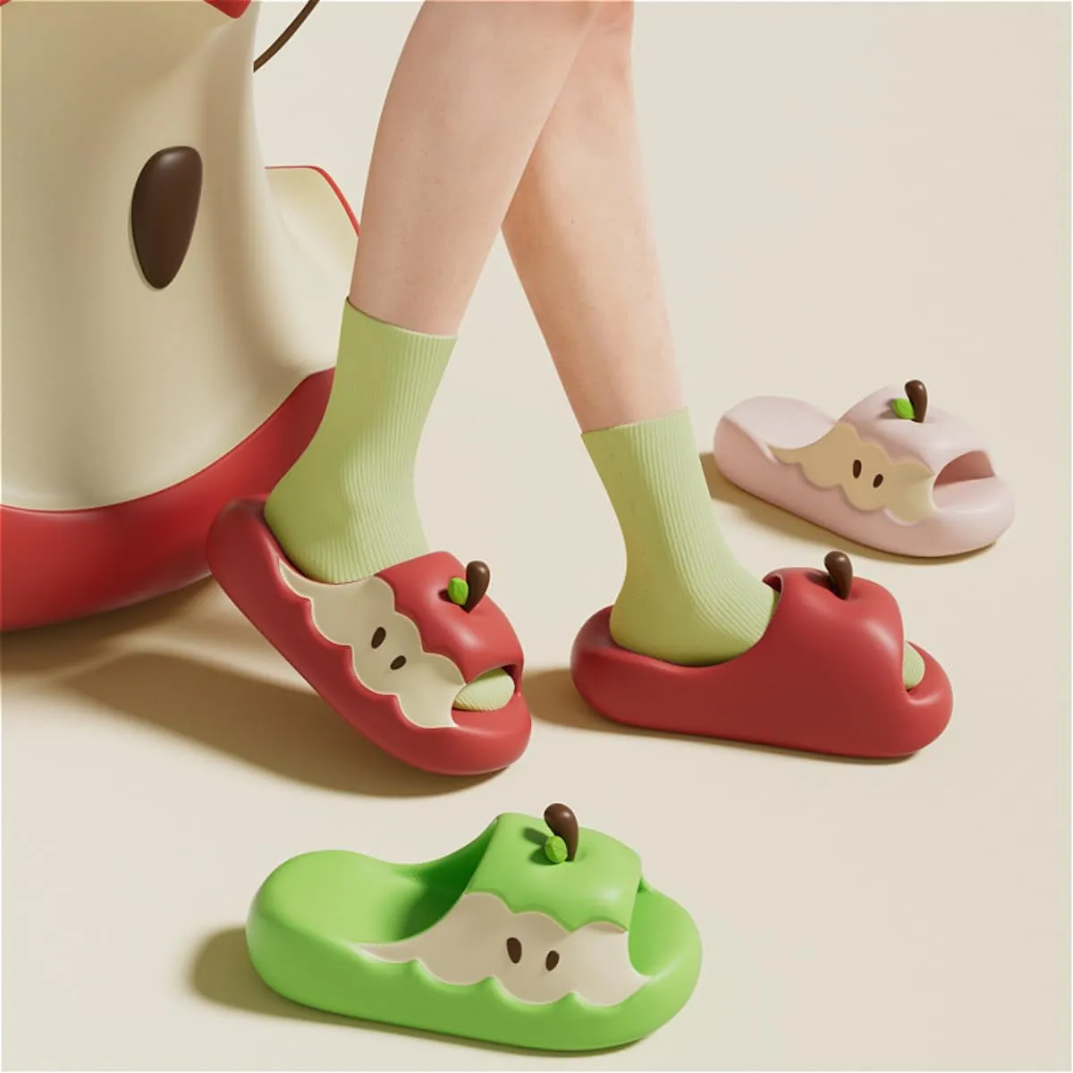 Cute Soft Apple Fruit Sandals for Women Korean Thick Sole Cartoon Slippers Non-Slip Slides Girly Gift Indoor Outdoor
