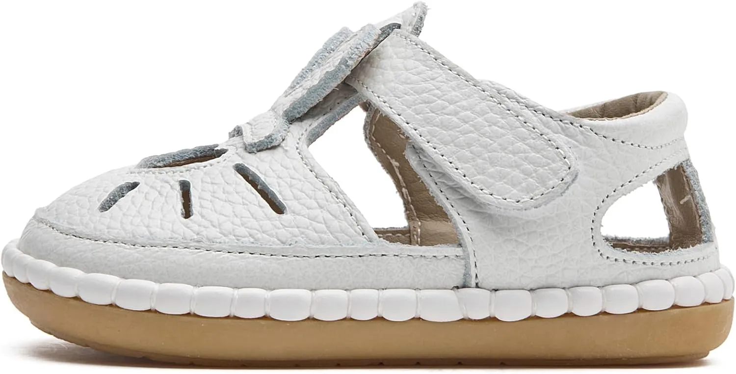 DADAWEN Toddler Girls Leather Closed Toe Summer Sandals Lightweight Non-Slip Soft Sole Cute Flat Shoes Baby Flower Girl Shoes
