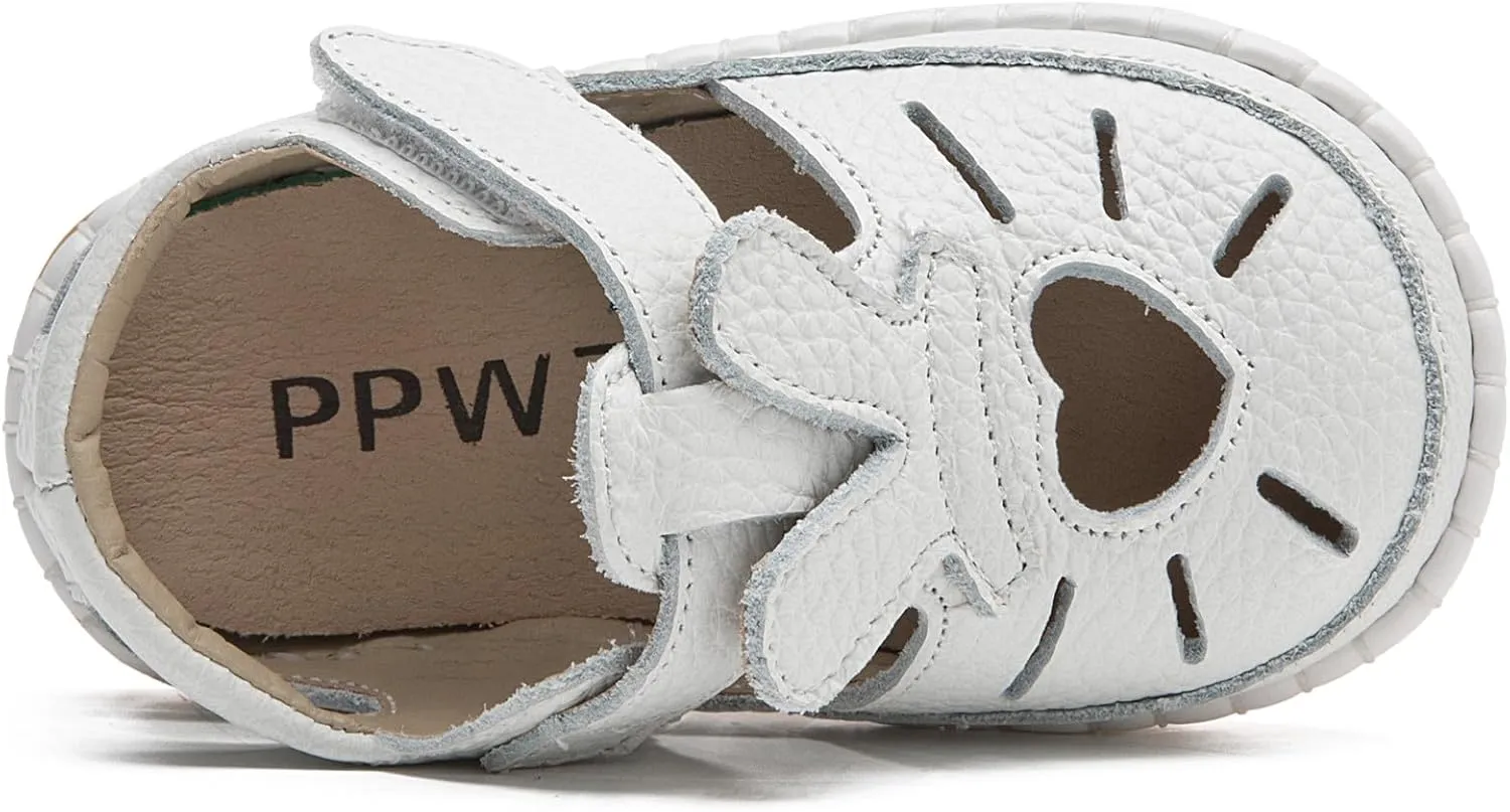 DADAWEN Toddler Girls Leather Closed Toe Summer Sandals Lightweight Non-Slip Soft Sole Cute Flat Shoes Baby Flower Girl Shoes