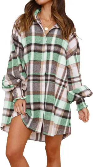 Danedvi Womens Oversized Flannel Plaid Shirts Jacket Ballon Sleeve Button Down Shacket Coats