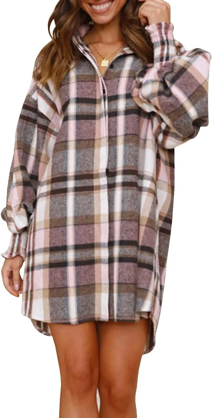 Danedvi Womens Oversized Flannel Plaid Shirts Jacket Ballon Sleeve Button Down Shacket Coats