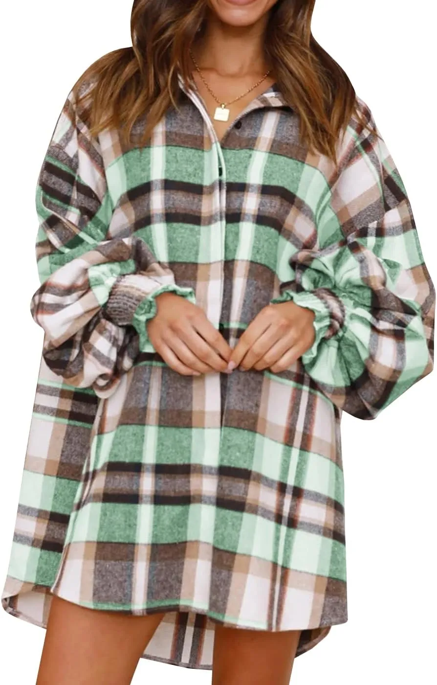 Danedvi Womens Oversized Flannel Plaid Shirts Jacket Ballon Sleeve Button Down Shacket Coats