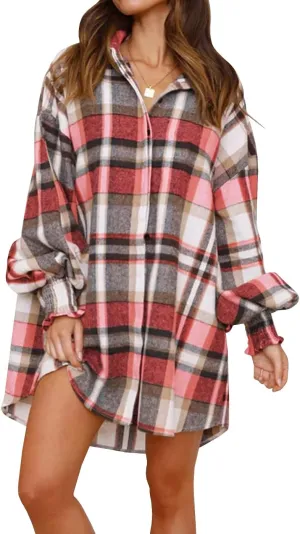 Danedvi Womens Oversized Flannel Plaid Shirts Jacket Ballon Sleeve Button Down Shacket Coats