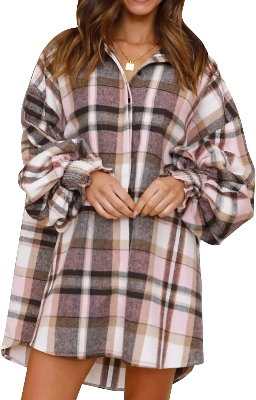 Danedvi Womens Oversized Flannel Plaid Shirts Jacket Ballon Sleeve Button Down Shacket Coats
