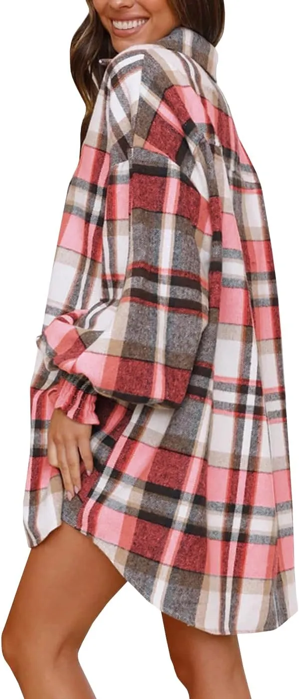 Danedvi Womens Oversized Flannel Plaid Shirts Jacket Ballon Sleeve Button Down Shacket Coats