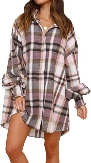 Danedvi Womens Oversized Flannel Plaid Shirts Jacket Ballon Sleeve Button Down Shacket Coats