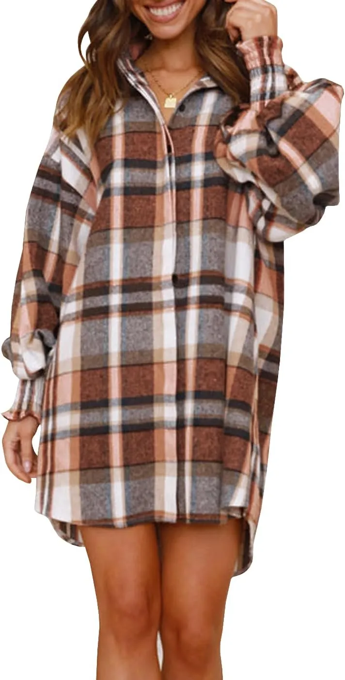 Danedvi Womens Oversized Flannel Plaid Shirts Jacket Ballon Sleeve Button Down Shacket Coats