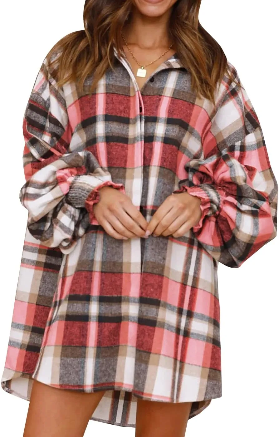 Danedvi Womens Oversized Flannel Plaid Shirts Jacket Ballon Sleeve Button Down Shacket Coats