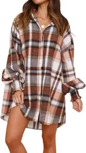 Danedvi Womens Oversized Flannel Plaid Shirts Jacket Ballon Sleeve Button Down Shacket Coats