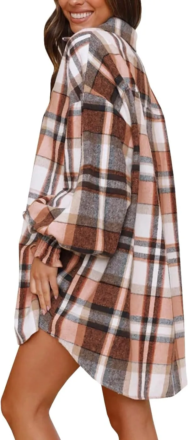 Danedvi Womens Oversized Flannel Plaid Shirts Jacket Ballon Sleeve Button Down Shacket Coats