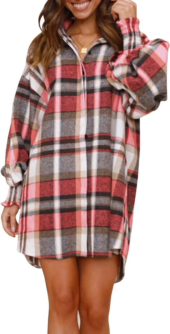 Danedvi Womens Oversized Flannel Plaid Shirts Jacket Ballon Sleeve Button Down Shacket Coats