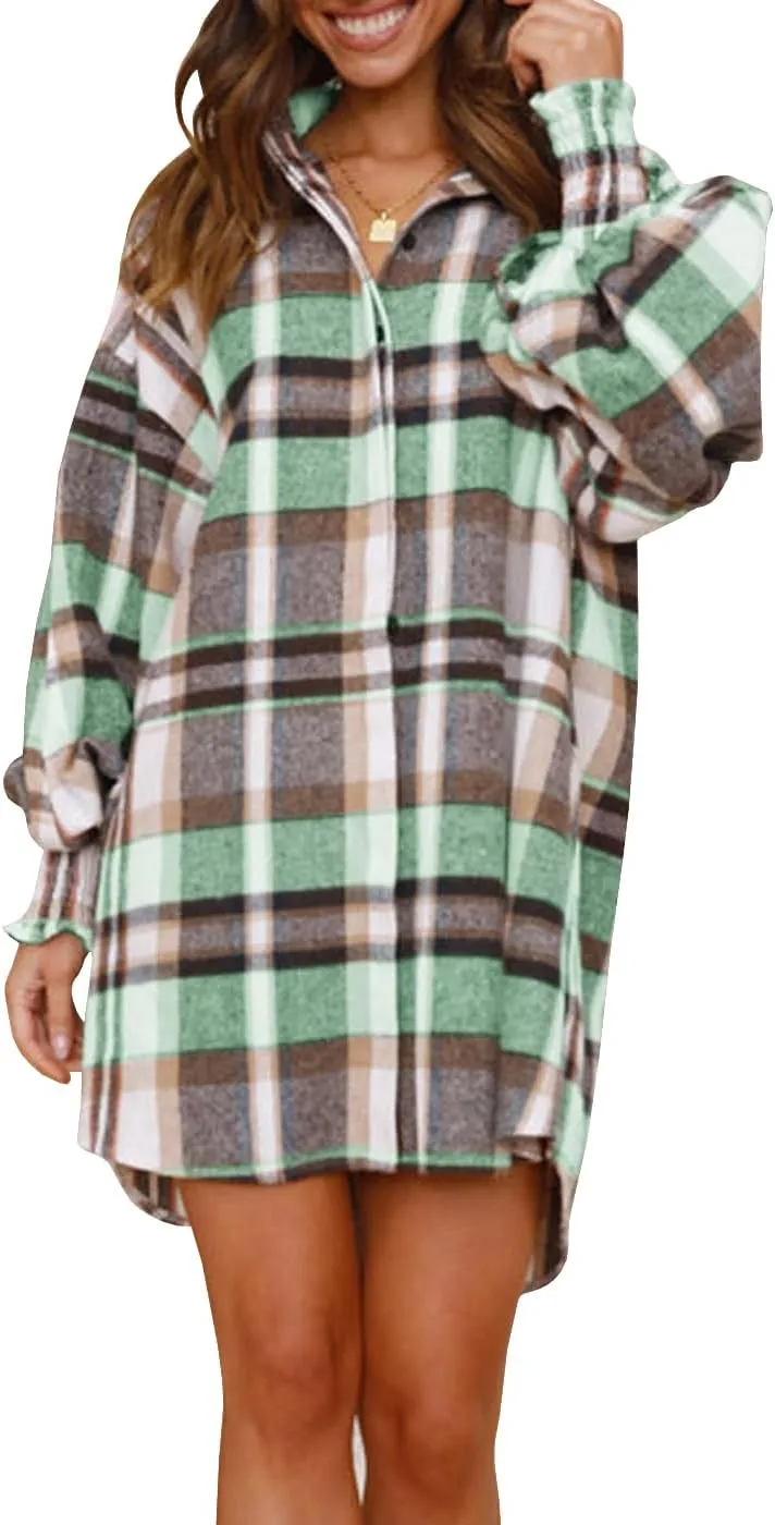 Danedvi Womens Oversized Flannel Plaid Shirts Jacket Ballon Sleeve Button Down Shacket Coats