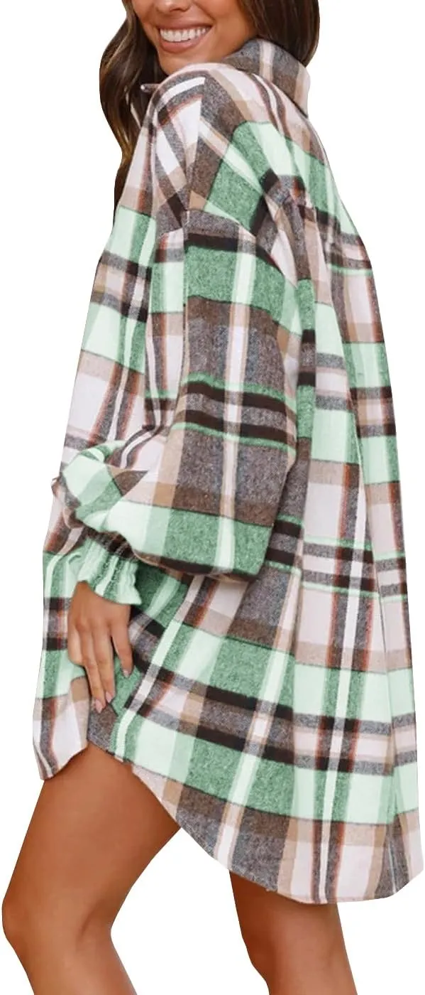 Danedvi Womens Oversized Flannel Plaid Shirts Jacket Ballon Sleeve Button Down Shacket Coats