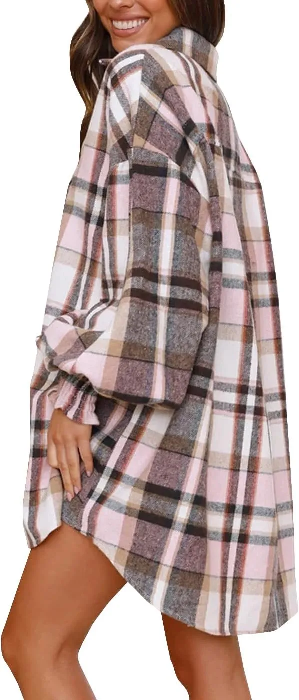 Danedvi Womens Oversized Flannel Plaid Shirts Jacket Ballon Sleeve Button Down Shacket Coats