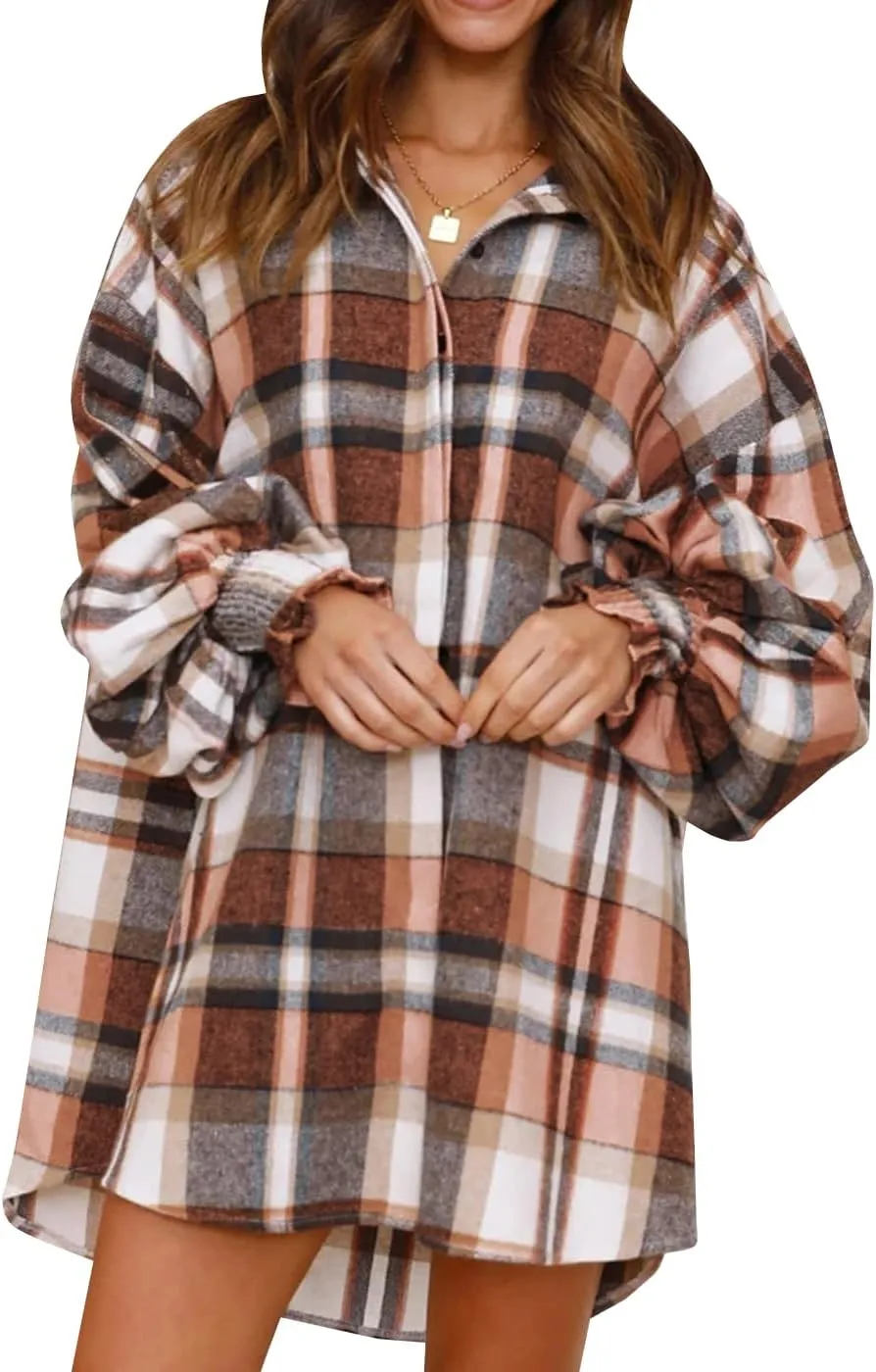 Danedvi Womens Oversized Flannel Plaid Shirts Jacket Ballon Sleeve Button Down Shacket Coats