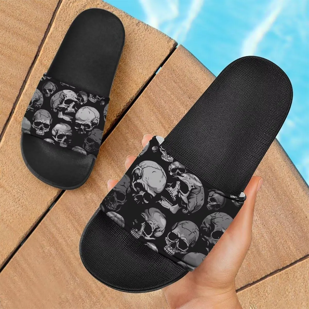 Day of the Dead Skull Print Women Slide Sandals Non Slip Summer House Slippers for Women Slip-on Flip Flops Indoor Outdoor
