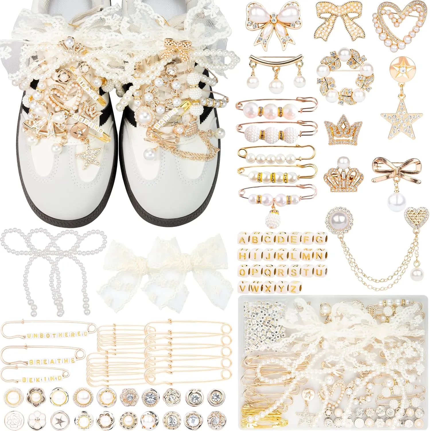 Deinduser 339 Pcs Shoe Charms for Sneakers, Junk Socks Charms Kit for Women, Bling Junk Sneaker Charm Set, Gold Shoelace Charm with Pearl Bows and Letters