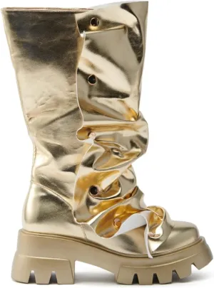 DETOGNI Womens Metallic Mid Calf Pull-On Fit Flat Boots Scrunched Detachable Overlay Snap Buttons Chunky Platform Rounded Toe Booties