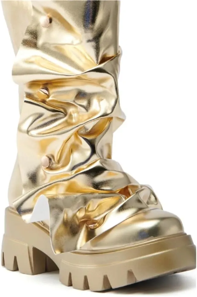 DETOGNI Womens Metallic Mid Calf Pull-On Fit Flat Boots Scrunched Detachable Overlay Snap Buttons Chunky Platform Rounded Toe Booties