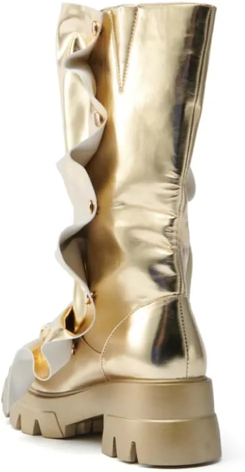 DETOGNI Womens Metallic Mid Calf Pull-On Fit Flat Boots Scrunched Detachable Overlay Snap Buttons Chunky Platform Rounded Toe Booties