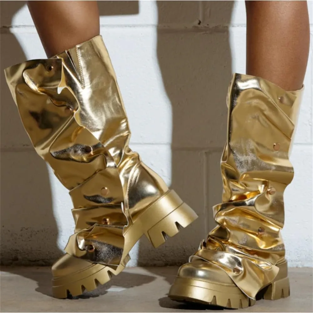 DETOGNI Womens Metallic Mid Calf Pull-On Fit Flat Boots Scrunched Detachable Overlay Snap Buttons Chunky Platform Rounded Toe Booties