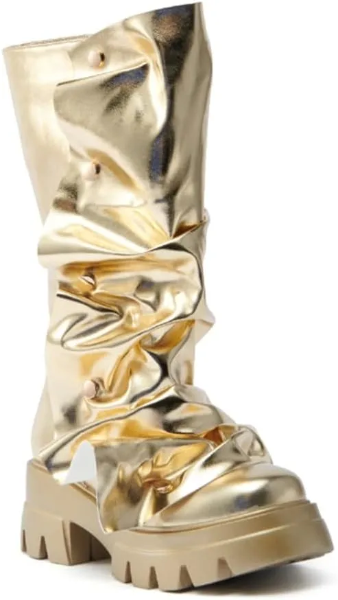 DETOGNI Womens Metallic Mid Calf Pull-On Fit Flat Boots Scrunched Detachable Overlay Snap Buttons Chunky Platform Rounded Toe Booties