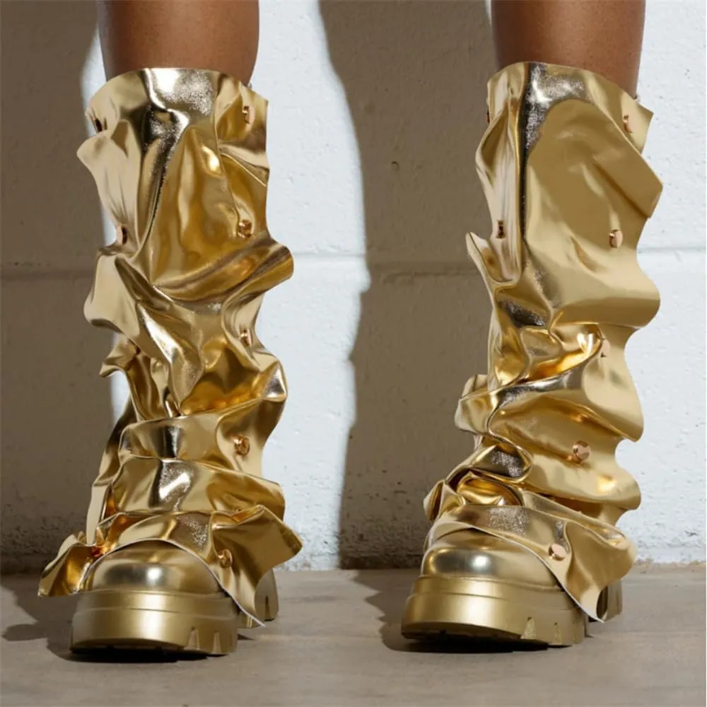 DETOGNI Womens Metallic Mid Calf Pull-On Fit Flat Boots Scrunched Detachable Overlay Snap Buttons Chunky Platform Rounded Toe Booties