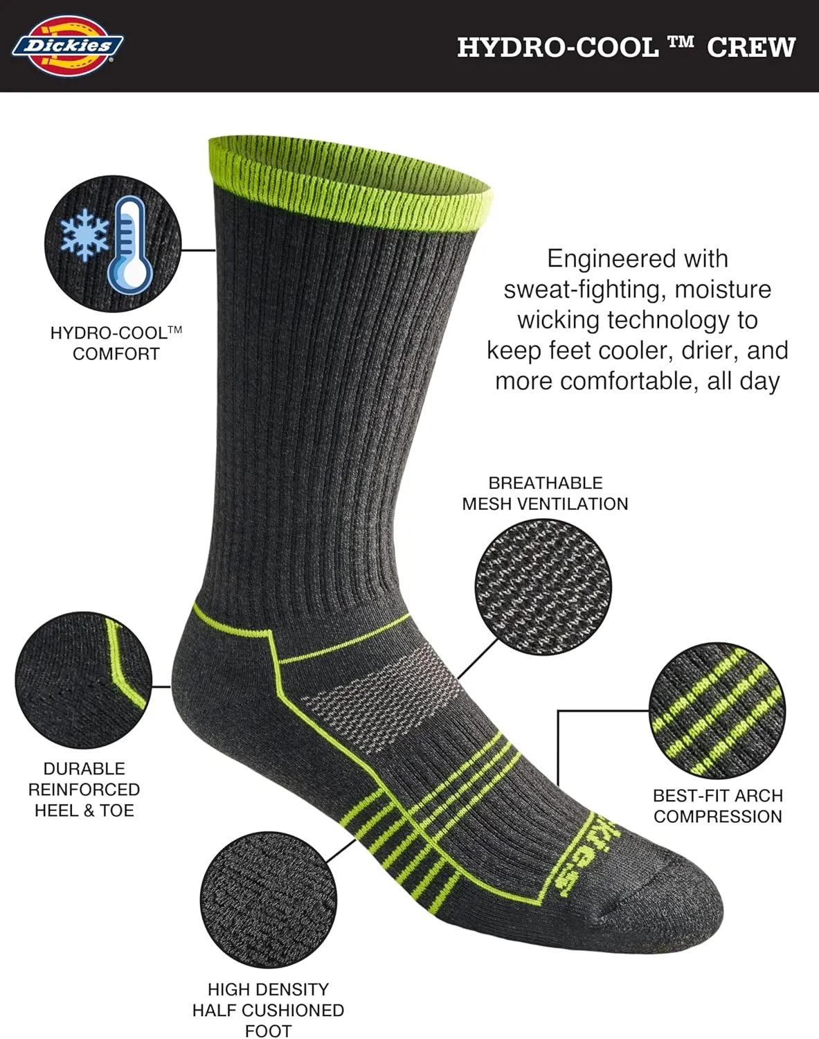 Dickies Men's Hydro-Cool Moisture Control Crew Socks, (6 Pairs)